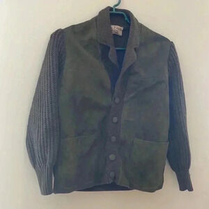 Vintage Beltex 100Best Merino Wool Dark Green Button Down Knit Jacket with Suede